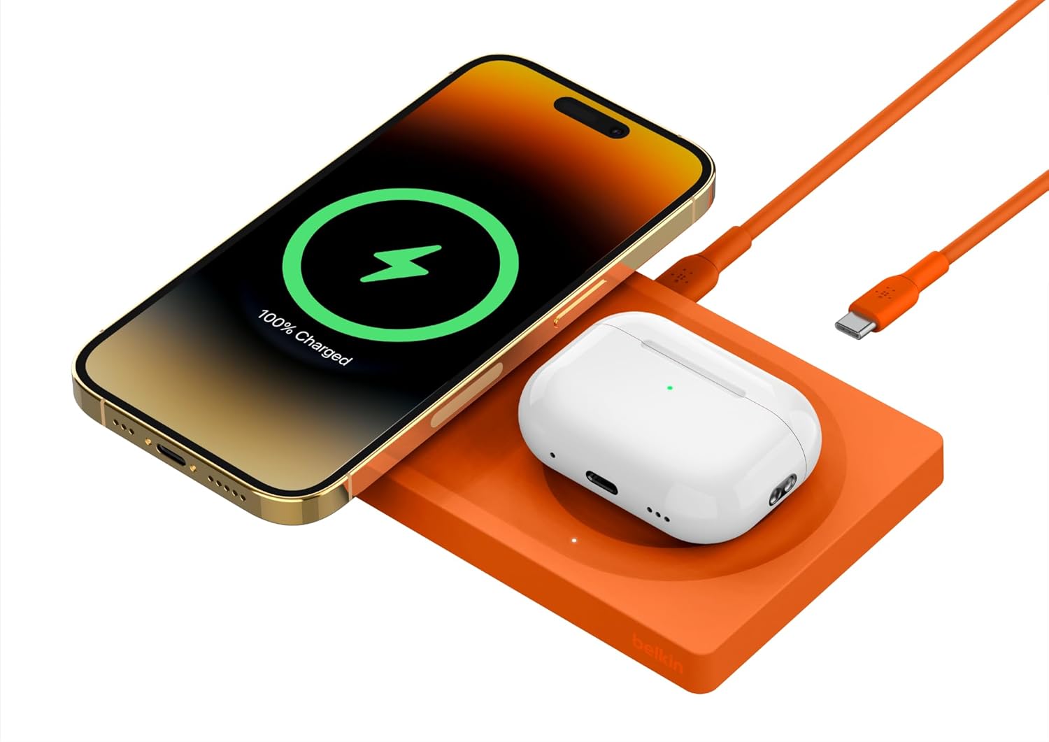 Belkin [Apple公認] 2 in 1 MagSafe充電器 最大15W高速充電 ワイヤレス充電器 MagSafe公式認証 iPhone 15/14/13/12 AirPods 対応 AC電源アダプタの付属なし オレンジ WIZ019btOG