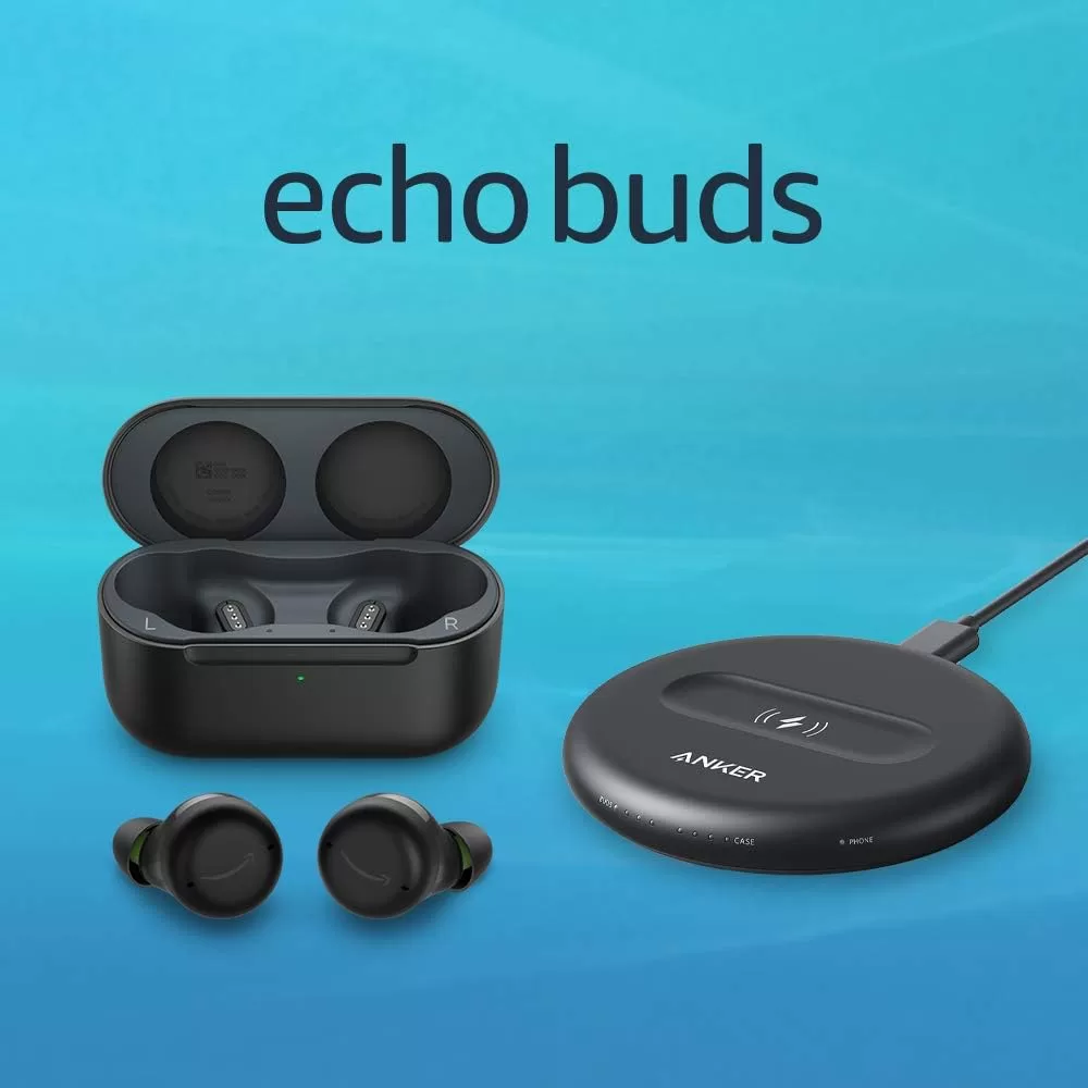 【セット買い】Echo Buds (第2世代) ワイヤレス充電ケース付き｜ブラック + Echo Buds用 PowerWave 5Wワイヤレス充電パッド (Made for Amazon認定取得)