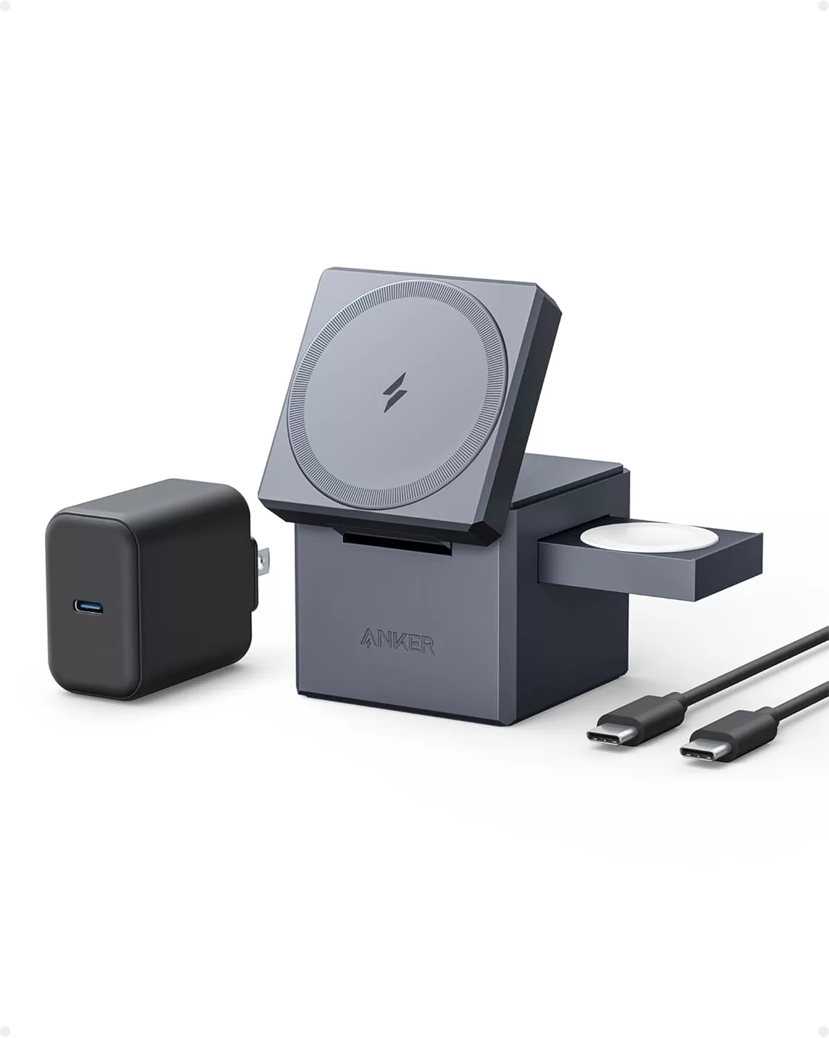 Anker 3-in-1 Cube with MagSafe: マグネット式 3-in-1 ワイヤレス充電ステーション/USB急速充電器付属/ワイヤレス出力/Apple Watchホルダー付/MFi認証/iPhone 16 / 15 / 14 / 13 Apple Watch対応