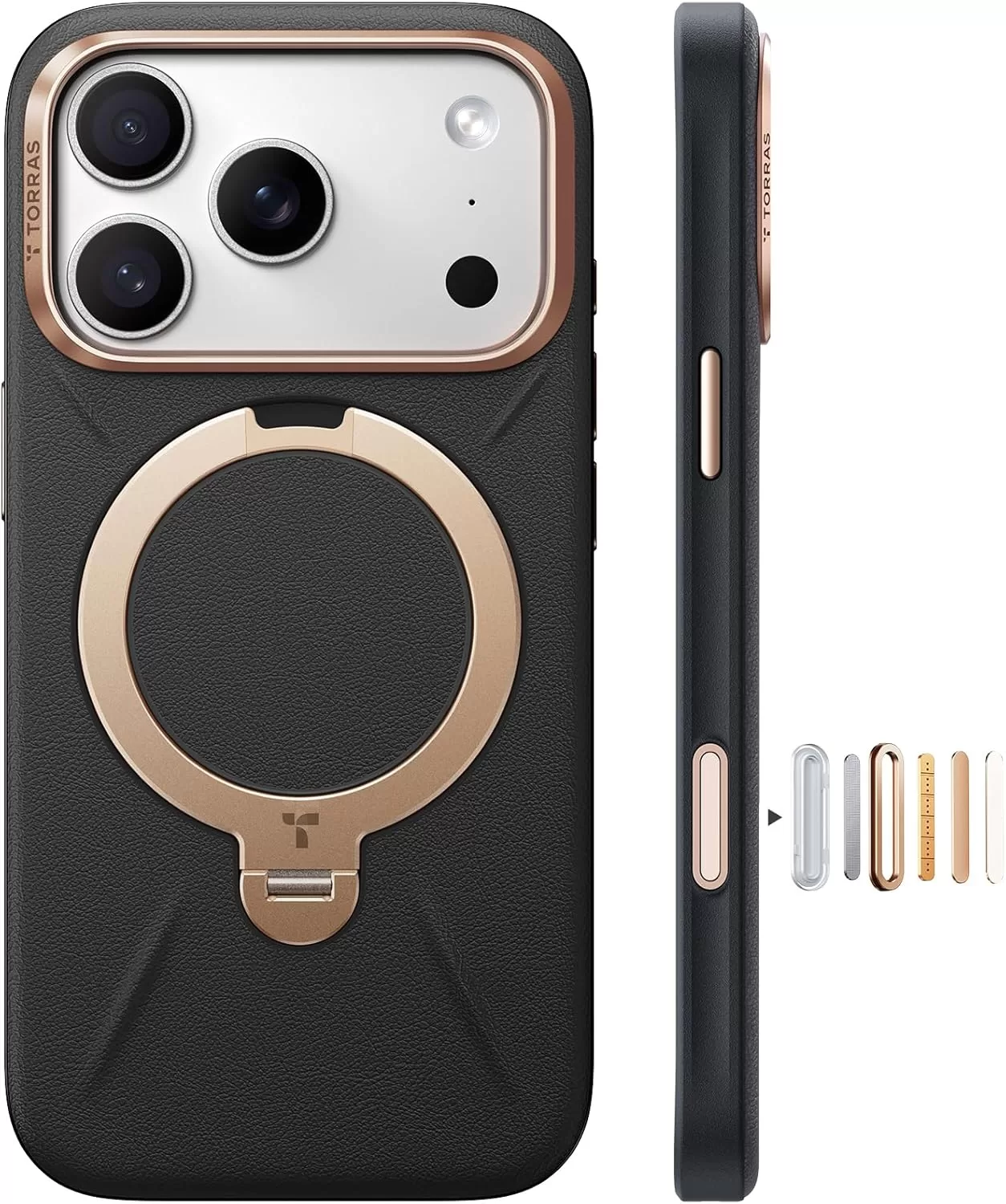 TORRAS iPhone 17 Pro 用 ケース【新感覚レザー・スキンタッチ】Ostand Q3 レザートーン MagSafe対応 リング スタンド 360°定点回転 縦横両対応 マグネット搭載 革 カメラコントロールボタン 米軍規格 耐衝撃 指紋防止 こくよう・ブラック