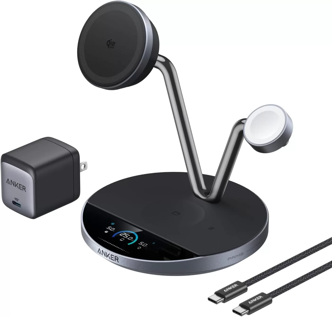 Anker Prime Wireless Charging Station (3-in-1, MagGo, AirCool, Dock Stand) ブラック Qi2 25W対応 マグネット式 3-in-1 ワイヤレス充電ステーション/ワイヤレス出力/Apple Watchホルダー付 iPhone 17シリーズ iPhone Air 対応 MagSafe対応